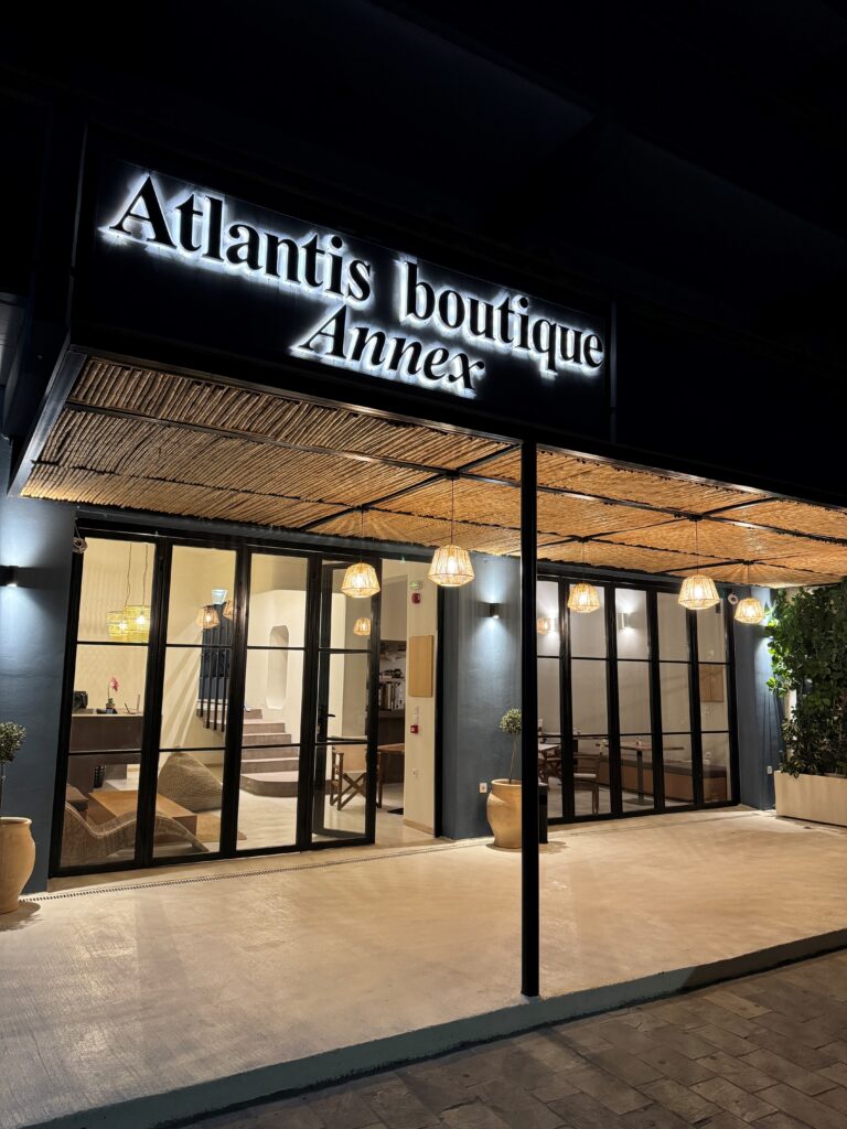 The exterior of Atlantis Annex boutique hotel, showcasing elegant design and welcoming ambiance.